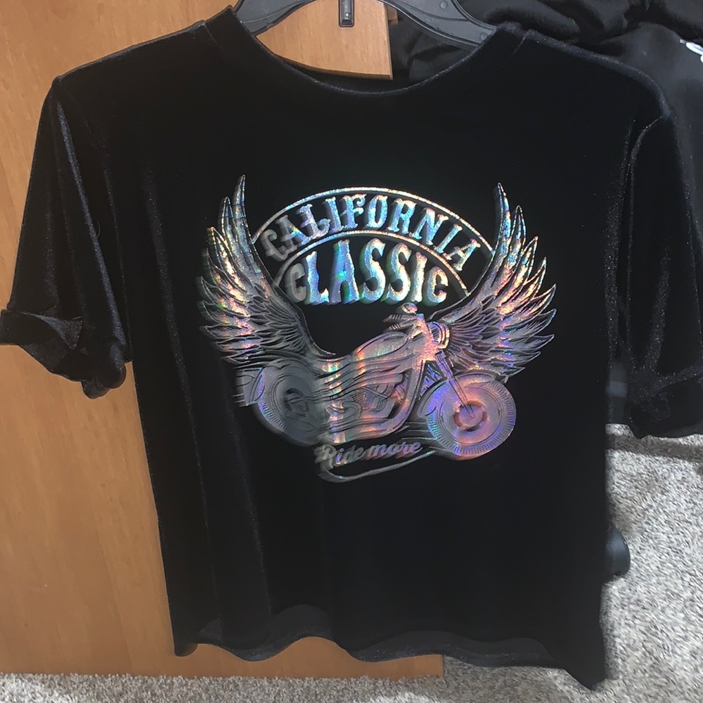 Black velvet cropped top with holo pattern